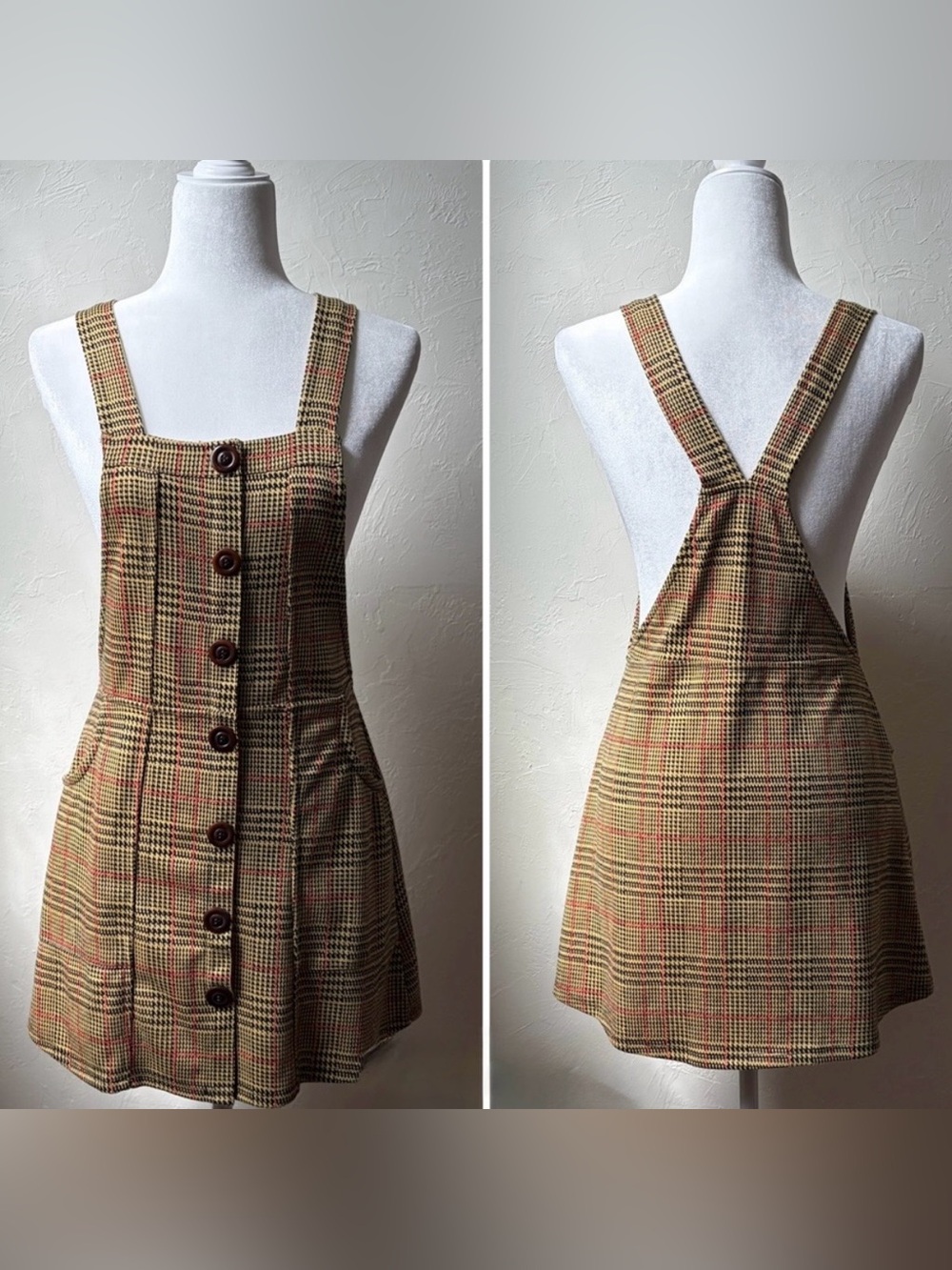 Urban Outfitters Plaid Pinafore Overall Mini Dress Button Front Size M